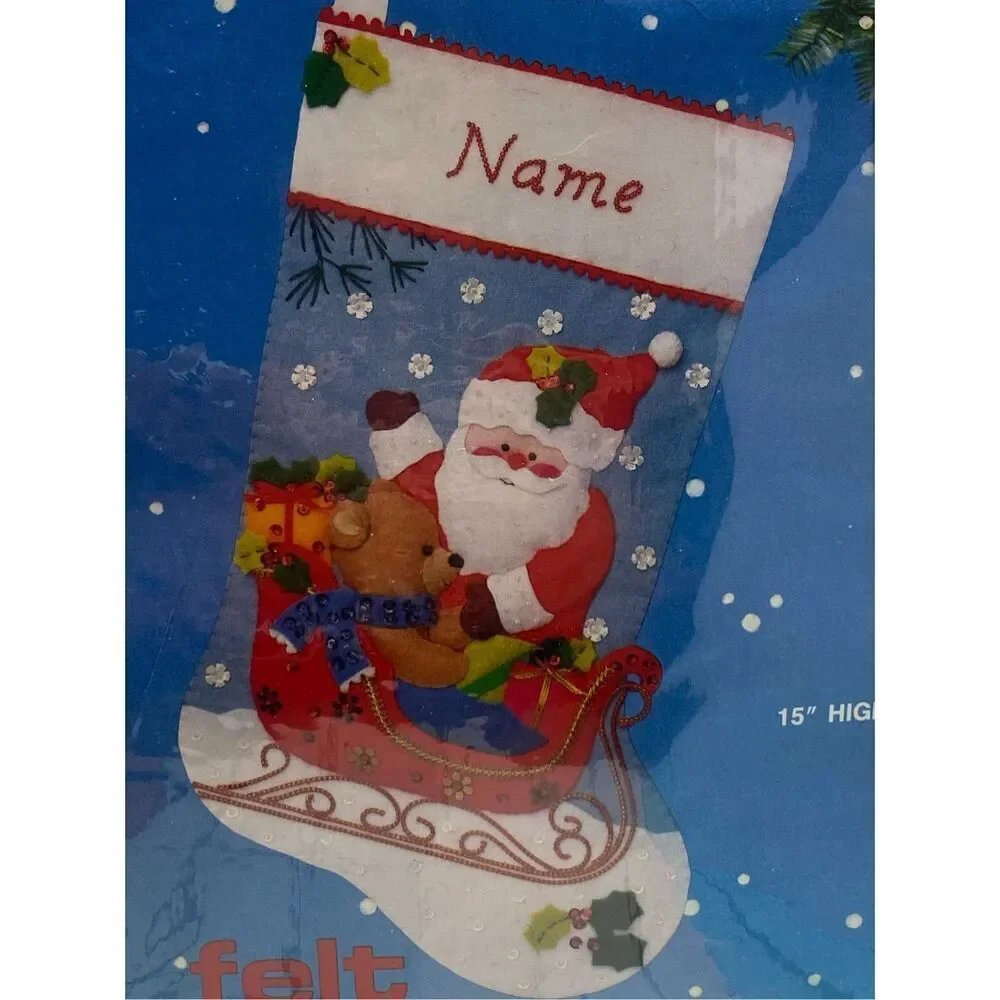 Titan Needlecraft Felt Christmas Stocking Kit #761 Santa Sleigh Teddy Bear 15” N